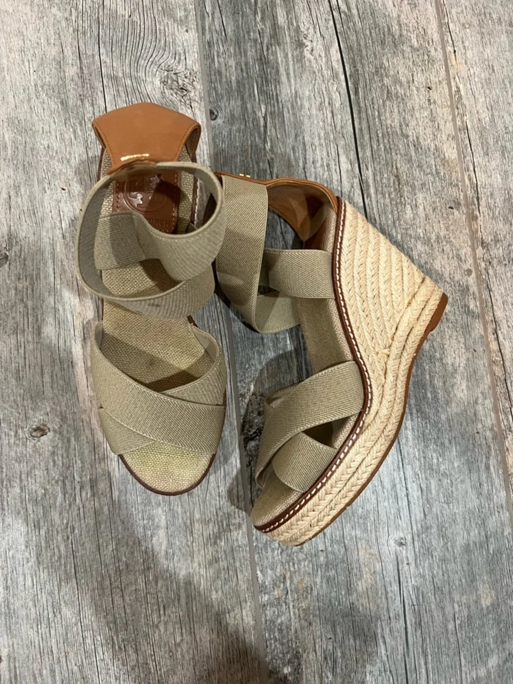 Tory Burch Frieda Platform Wedge Espadrille Beige Sandals Elastic Straps Size 7 - Picture 2 of 9